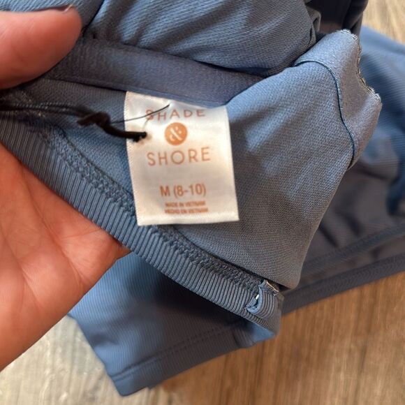 NWT Woman’s Shirred Ribbed Bandeau Cheeky One-Piece Swimsuit Blue Medium - Picture 12 of 15